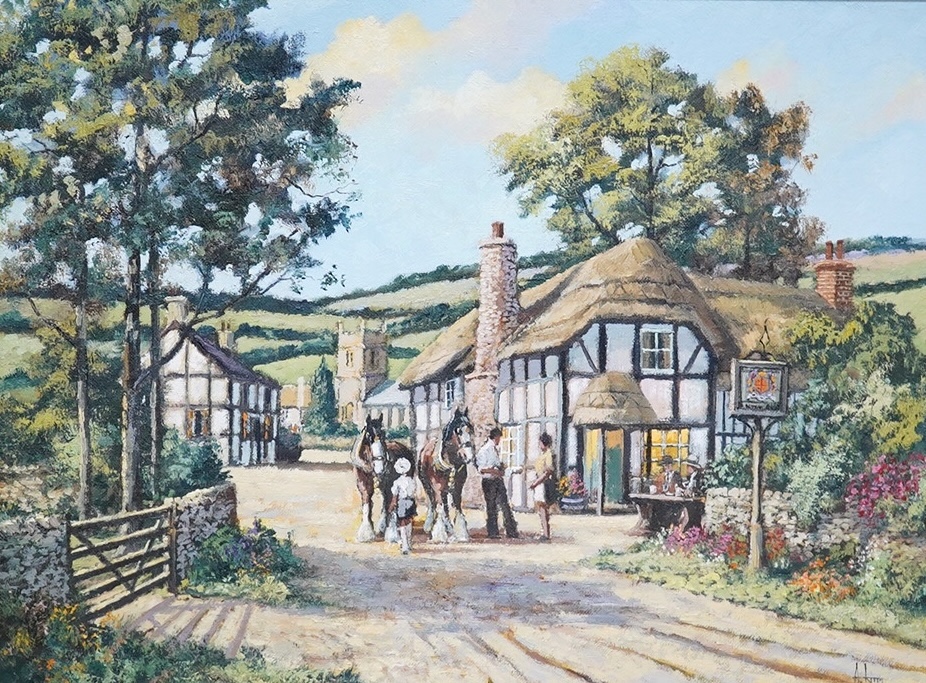 Alan King (1946-2013), oil on canvas board, 'Call at the Village inn, North Hill, Somerset', signed, 29 x 39cm, gilt frame. Condition - good